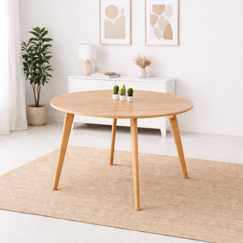 Table ronde en bois naturel au design scandinave, intégrée dans un décor minimaliste et lumineux, sans chaises.