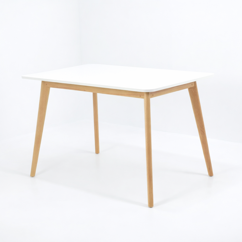 Cette table scandinave au plateau blanc et aux pieds en bois naturel est mise en valeur dans un décor intérieur simple et lumineux, sans chaises, afin de souligner ses lignes épurées et son élégance naturelle. Son design minimaliste s’intègre parfaitement dans une salle à manger contemporaine, un bureau ou un espace de vie moderne, apportant clarté, harmonie et raffinement.
