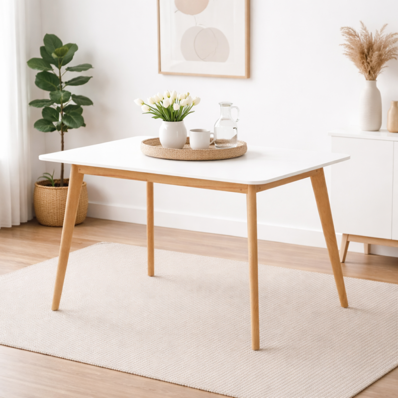 Table design scandinave avec plateau blanc et pieds en bois naturel intégrée dans un décor minimaliste lumineux, sans chaises, idéale pour intérieur moderne.