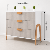 Commode scandinave moderne à 3 tiroirs avec finition gris clair et blanc, pieds en bois naturel et design minimaliste.