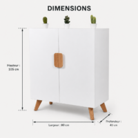 Meuble de rangement blanc style scandinave à deux portes avec poignées et pieds en bois naturel, idéal pour salon, entrée ou chambre.