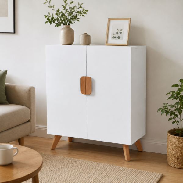 Meuble de rangement blanc style scandinave avec pieds en bois naturel intégré dans un salon moderne et lumineux avec décoration minimaliste.