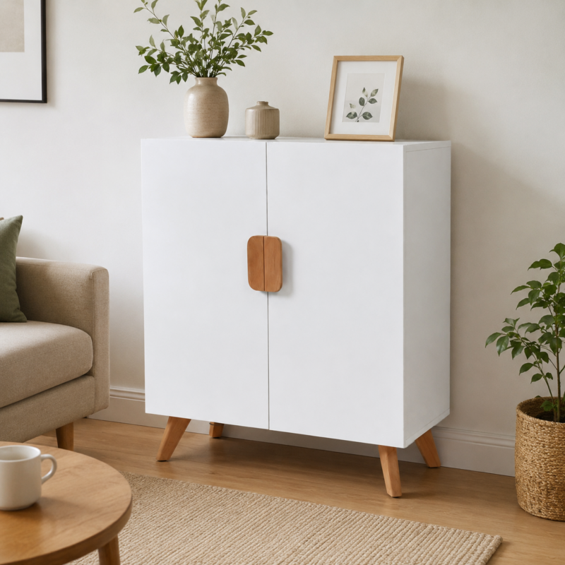 Meuble de rangement blanc style scandinave avec pieds en bois naturel intégré dans un salon moderne et lumineux avec décoration minimaliste.