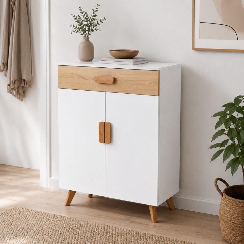 Meuble de rangement scandinave blanc avec tiroir effet chêne et poignées en bois naturel, intégré dans une entrée moderne et lumineuse.