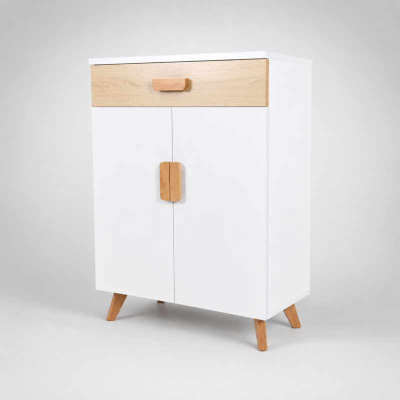 Meuble de rangement scandinave blanc avec tiroir finition chêne clair, deux portes et pieds en bois naturel sur fond blanc élégant.