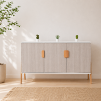 Buffet scandinave moderne en bois clair et blanc intégré dans un intérieur minimaliste avec tapis beige et décoration naturelle.