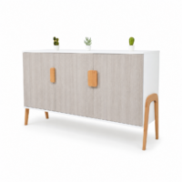 Buffet scandinave moderne blanc avec portes effet bois clair, pieds en bois naturel et design minimaliste sur fond blanc.