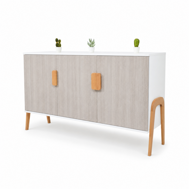 Buffet scandinave moderne blanc avec portes effet bois clair, pieds en bois naturel et design minimaliste sur fond blanc.