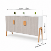 Buffet scandinave moderne blanc avec portes effet bois clair, pieds en bois naturel et design minimaliste sur fond blanc.
