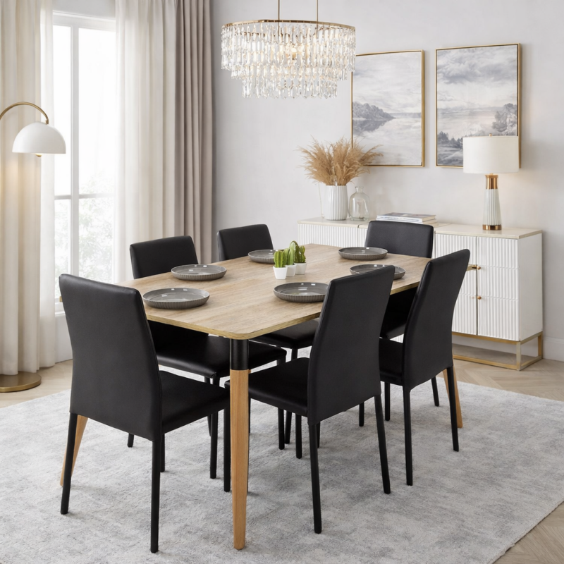 Table à manger rectangulaire en bois clair avec six chaises noires intégrée dans une salle à manger moderne et élégante