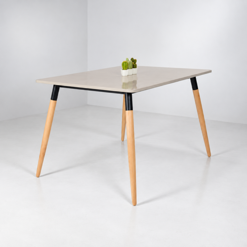 Table à manger moderne greige avec pieds en bois naturel et détails noirs
