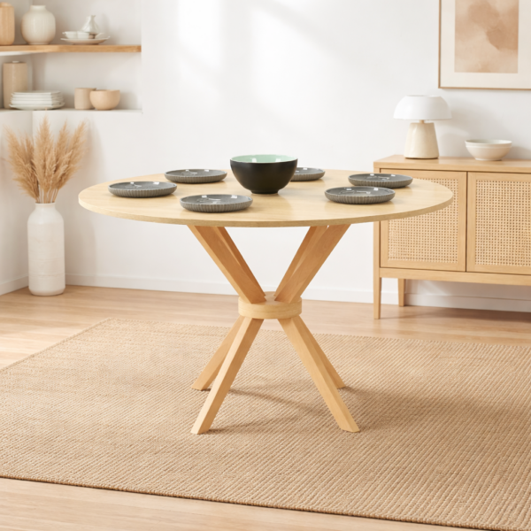 Table à manger ronde en bois naturel avec pied central design, intégrée dans un décor intérieur minimaliste sans chaises