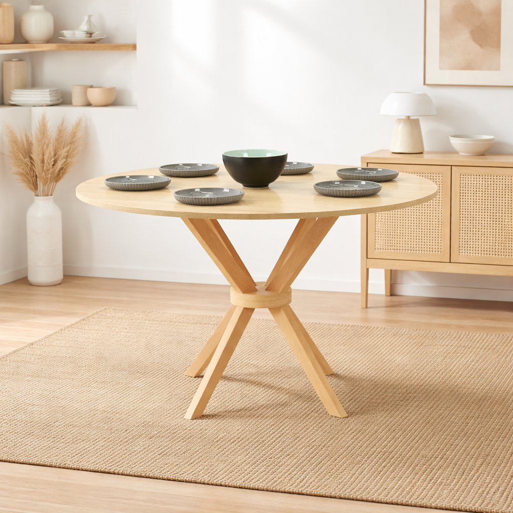 Table à manger ronde en bois naturel avec pied central design, intégrée dans un décor intérieur minimaliste sans chaises