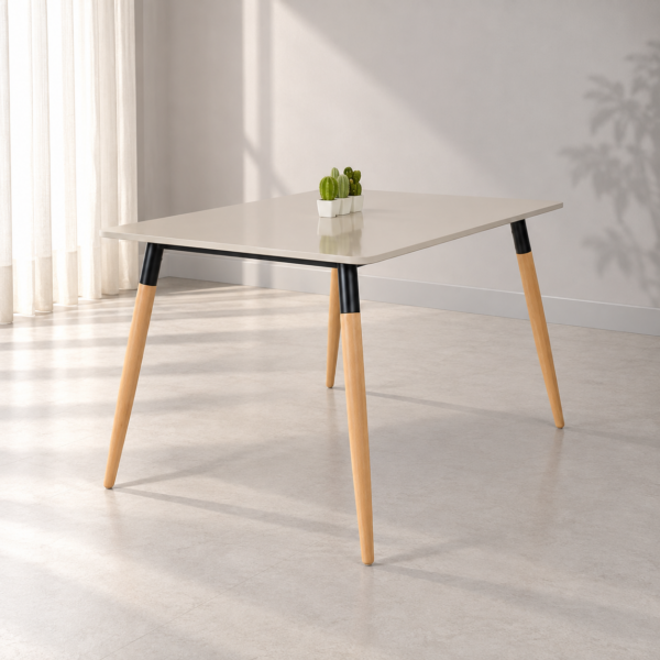 Table à manger moderne greige avec pieds en bois naturel et détails noirs
