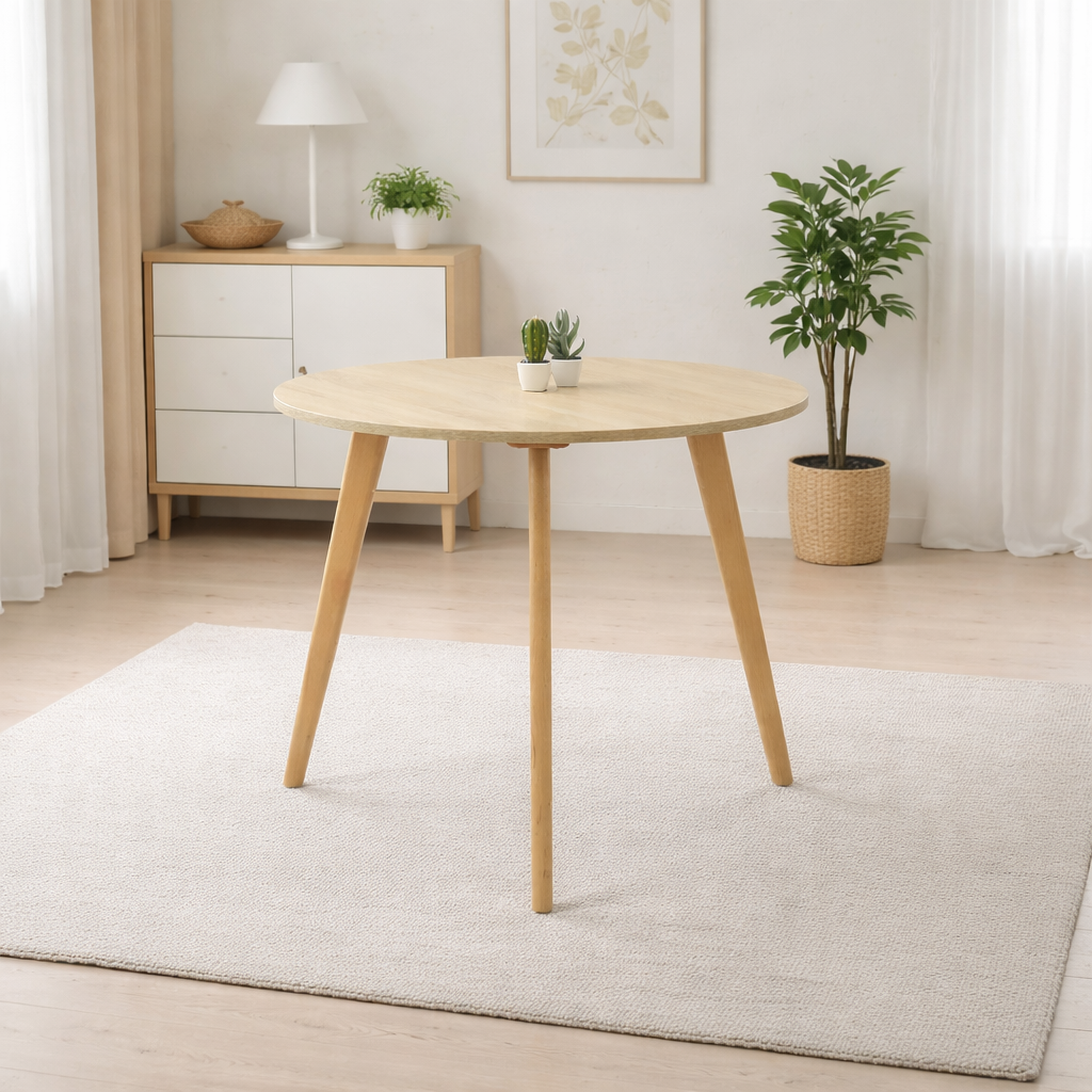 Table ronde en bois naturel intégrée dans un décor scandinave simple, intérieur lumineux et épuré