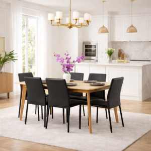 Table de salle à manger en bois clair entourée de six chaises noires, intégrée dans une cuisine moderne blanche et élégante avec éclairage design