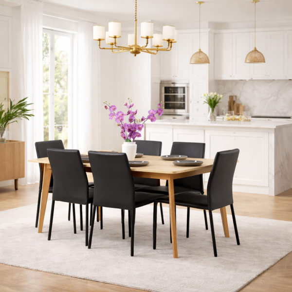 Table de salle à manger en bois clair entourée de six chaises noires, intégrée dans une cuisine moderne blanche et élégante avec éclairage design