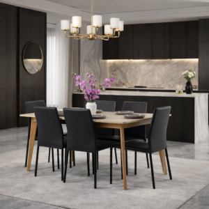 Table de salle à manger en bois clair entourée de six chaises noires, intégrée dans une cuisine moderne blanche et élégante avec éclairage design