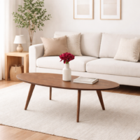 Table basse ovale en bois foncé intégrée dans un salon minimaliste avec canapé beige, tapis clair et décoration sobre