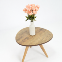 Table basse ovale en bois naturel avec pieds inclinés, présentée sur fond blanc dans un style scandinave minimaliste.