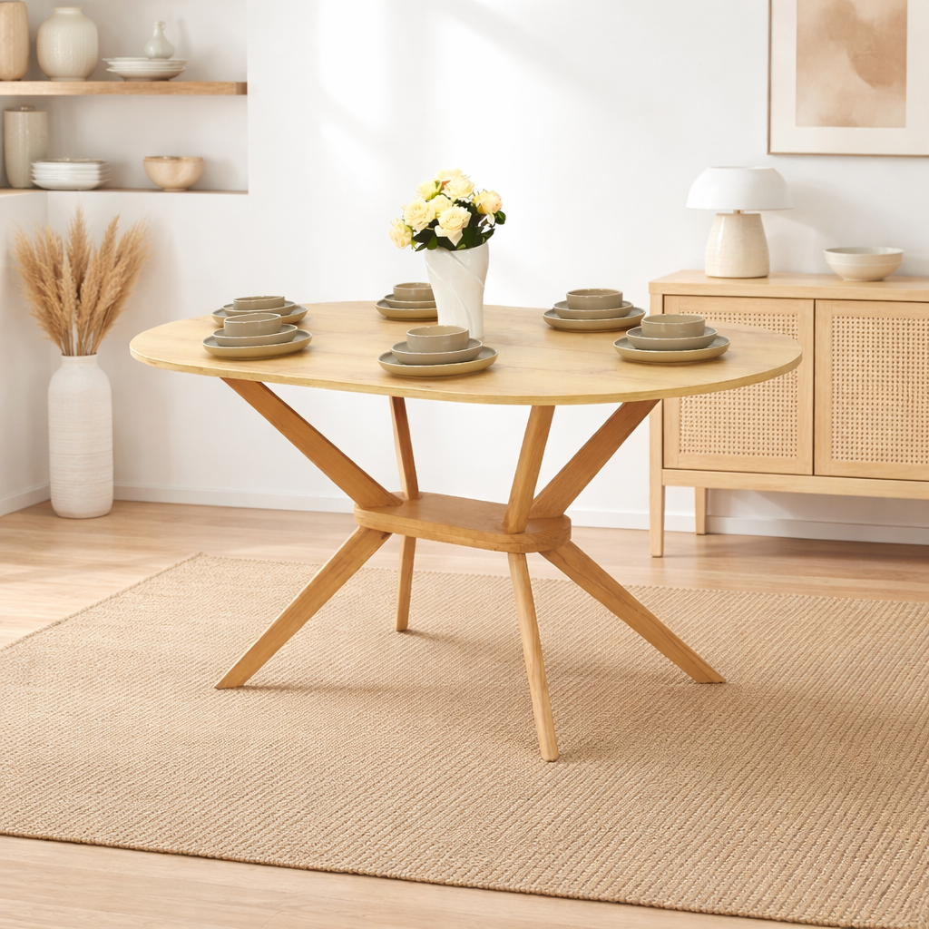 Table à manger ronde en bois naturel avec pied central design, intégrée dans un décor intérieur simple et épuré sans chaises