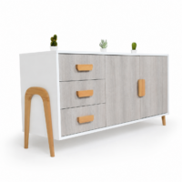 Buffet scandinave blanc avec portes effet bois clair, tiroirs de rangement et pieds en bois naturel sur fond blanc minimaliste.