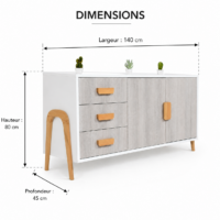 Buffet scandinave blanc avec portes effet bois clair, tiroirs de rangement et pieds en bois naturel sur fond blanc minimaliste.