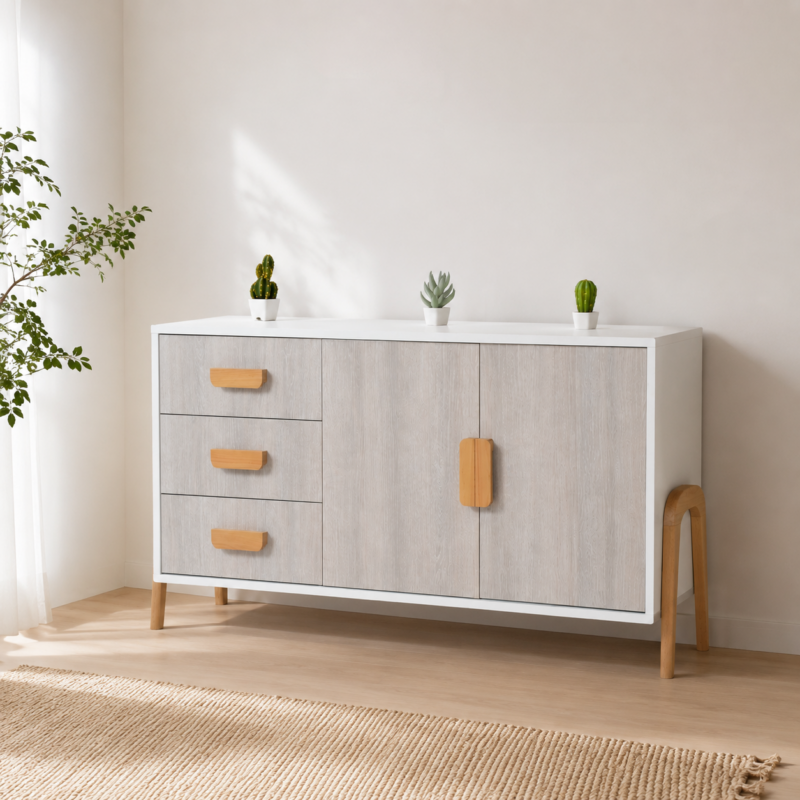 Buffet scandinave blanc et bois clair intégré dans un décor minimaliste lumineux avec tapis beige et ambiance naturelle.