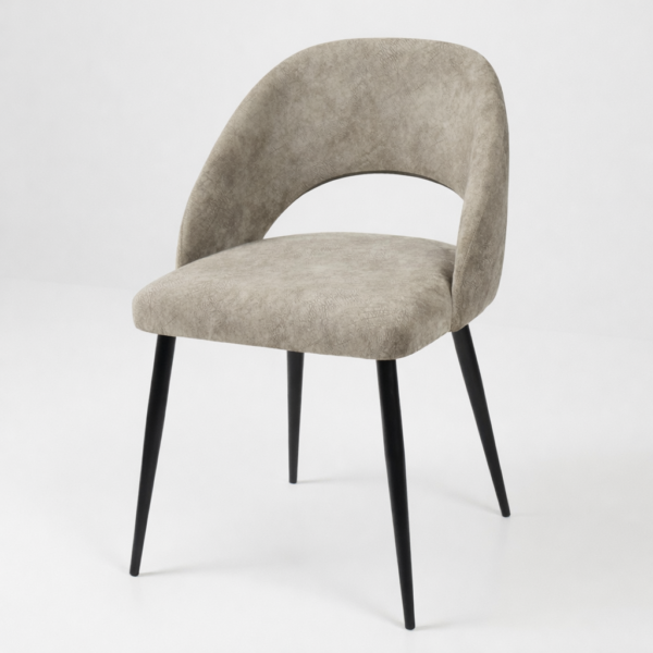 Chaise moderne avec dossier arrondi, assise rembourrée grège et pieds noirs fins – Tunisie