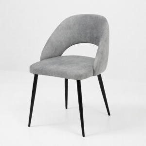 Chaise moderne avec dossier arrondi, assise rembourrée gris et pieds noirs fins – Tunisie
