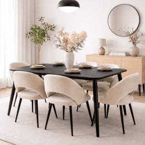 Magnifique salle à manger moderne avec table noire et six chaises beige, design élégant et contemporain – Disponible en Tunisie.