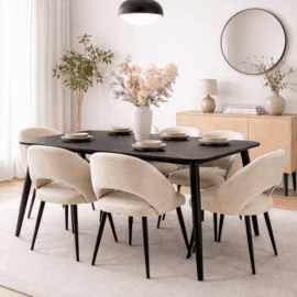 Magnifique salle à manger moderne avec table noire et six chaises beige, design élégant et contemporain – Disponible en Tunisie.