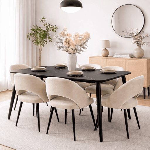 Magnifique salle à manger moderne avec table noire et six chaises beige, design élégant et contemporain – Disponible en Tunisie.