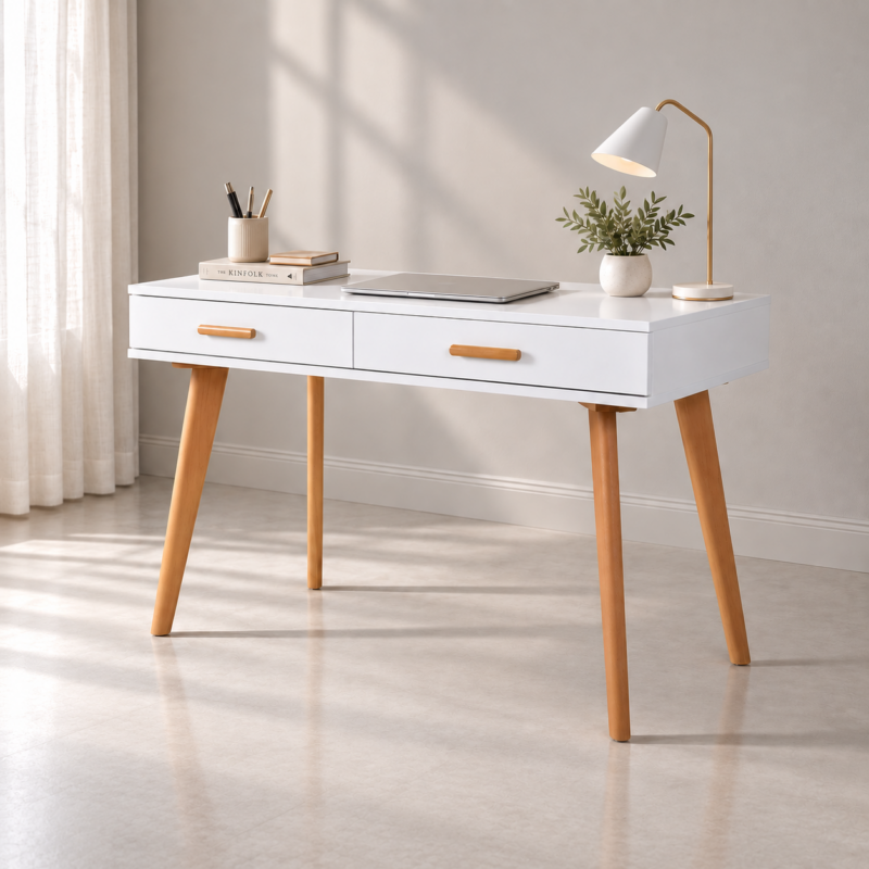 Bureau console blanc avec deux tiroirs et pieds en bois naturel decor minimaliste