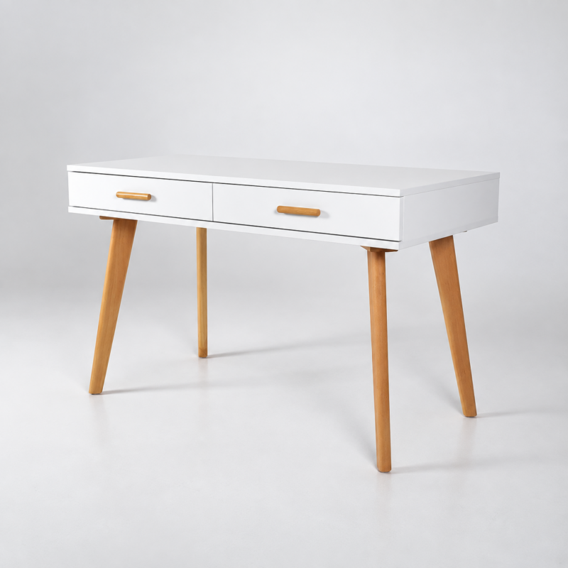 Bureau console blanc avec deux tiroirs et pieds en bois naturel