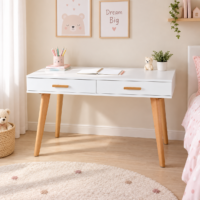 Bureau console blanc avec deux tiroirs et pieds en bois naturel decor réel