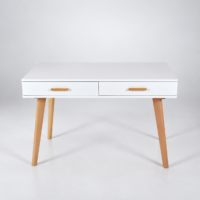 Bureau console blanc avec deux tiroirs et pieds en bois naturel