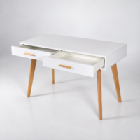 Bureau console blanc avec deux tiroirs et pieds en bois naturel