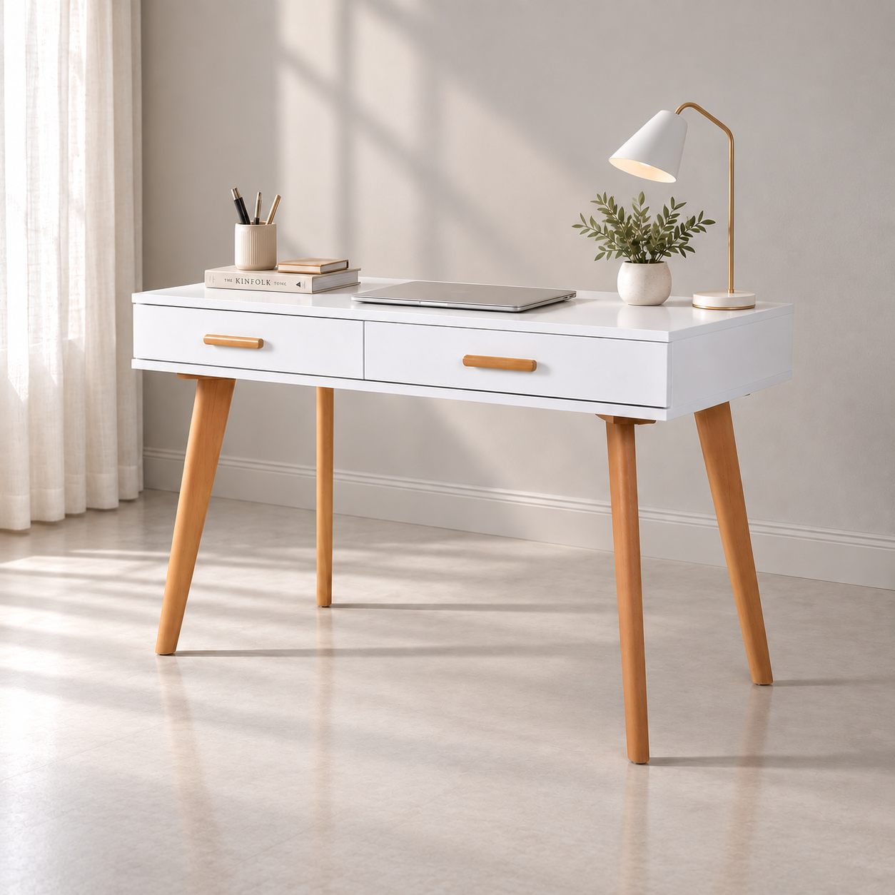 Bureau console blanc avec pieds en bois naturel – meuble d’appoint moderne Bureau console blanc avec deux tiroirs et pieds en bois naturel decor minimaliste