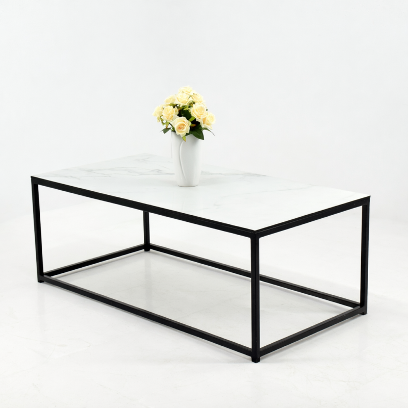Table basse rectangulaire moderne avec plateau en marbre blanc et structure métallique noire, design minimaliste pour salon contemporain