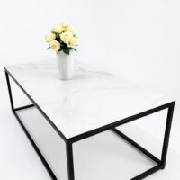 Table basse rectangulaire moderne avec plateau en marbre blanc et structure métallique noire, design minimaliste pour salon contemporain