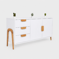 Buffet moderne blanc avec détails en bois naturel, style scandinave, composé de tiroirs et portes de rangement sur fond gris très clair.