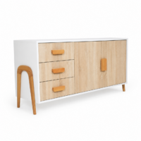 Buffet scandinave moderne blanc et bois clair avec tiroirs et portes de rangement, style minimaliste et élégant.