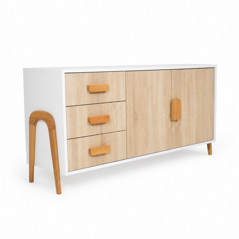 Buffet scandinave moderne blanc et bois clair avec tiroirs et portes de rangement, style minimaliste et élégant.
