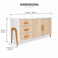 Buffet scandinave moderne blanc et bois clair avec tiroirs et portes de rangement, style minimaliste et élégant.