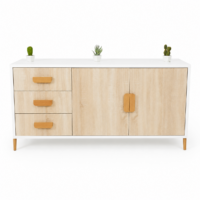Buffet scandinave moderne blanc et bois clair avec tiroirs et portes de rangement, style minimaliste et élégant.