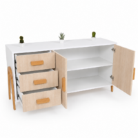 Buffet scandinave moderne blanc et bois clair avec tiroirs et portes de rangement, style minimaliste et élégant.