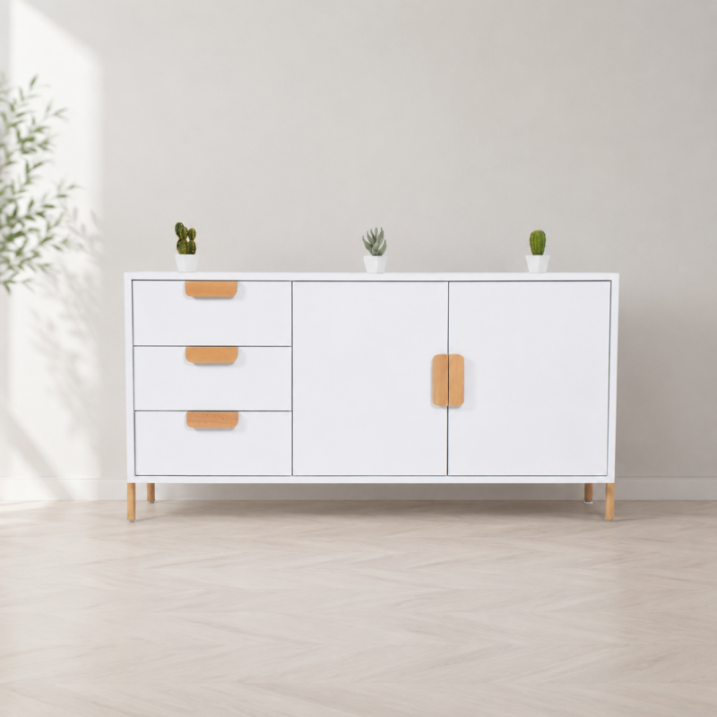 Buffet scandinave blanc avec poignées en bois clair intégré dans un décor minimaliste moderne aux tons gris clair.