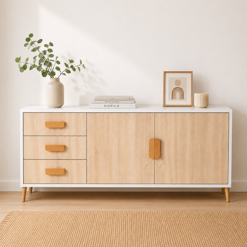 Buffet scandinave moderne en bois clair et blanc avec décoration minimaliste dans un intérieur élégant et lumineux.