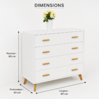 Commode blanche scandinave à 4 tiroirs avec poignées et pieds en bois naturel sur fond blanc épuré.